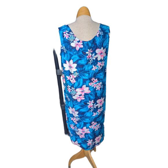 Vtg 1970s Island Fashions Made in Hawaii Blue Floral Sleeveless Shift Dress Sz L - Picture 3 of 5